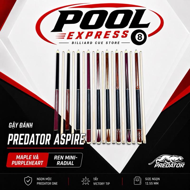 Gậy bi-a Cơ Bida Predator Aspire Đủ mã, Full phụ kiện