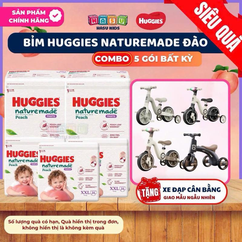 Combo 5 Gói Tã/ Bỉm Huggies Naturemade Peach Đào, làm dịu da an toàn, khô thoáng, thấm hút tốt, đủ size M48+10/L44/XL38/XXL26