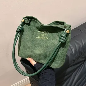 Tas Bahu Retro Kulit Rusa Tas Wanita Warna Solid Kasual Tas Tangan Kapasitas Besar Modis Tas Ember Kualitas Tinggi Tas Selempang Ketiak