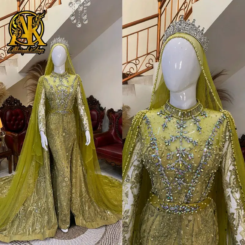 Gaun pengantin slim full payet ekor lepas pasang Mewah wedding Dress Pernikahan 1