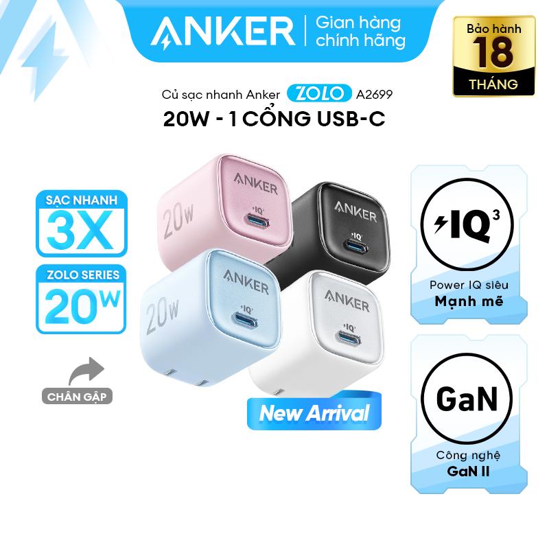 [Củ 20W] Củ sạc nhanh Anker Zolo GaN 20W | 1 cổng USB-C | Chân gập gấp gọn nhỏ gọn | Công nghệ sạc nhanh PowerIQ 3.0 | Sạc nhiệt độ thấp - A2699