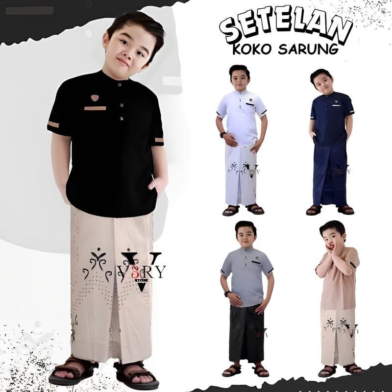 Setelan Koko Sarung Instan Anak Laki-Laki Usia 3-12 Tahun - set Baju Muslim Anak Pendek 1