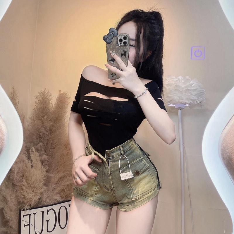 ( Ảnh thật mẫu shop chụp ) Áo croptop trễ vai rách ngực