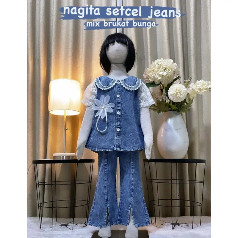 Set Anak Perempuan Zoya Jeans Cutbray Bunga Tulip Import Usia 3-10 Tahun Terbaru 2024 - Baju Celana Fashion Motif 2