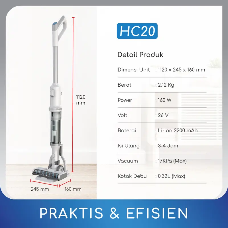 DIBEA HC20 Handheld Cordless Stick Vacuum Cleaner Penyedot Debu Nirkabel Air Mesin Baterai Membersihkan 5