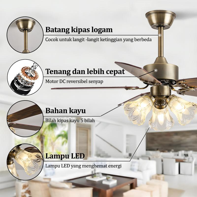 Gogeous Lampu Kipas Angin Gantung Plafon Modern Gaya Retro Dan Sederhana  Hias Kendali Jarak Jauh 2IN1 3 Warna 6 Kecepatan 42 Inci Ruang Tamu Meja Makan remote control Langit Baling