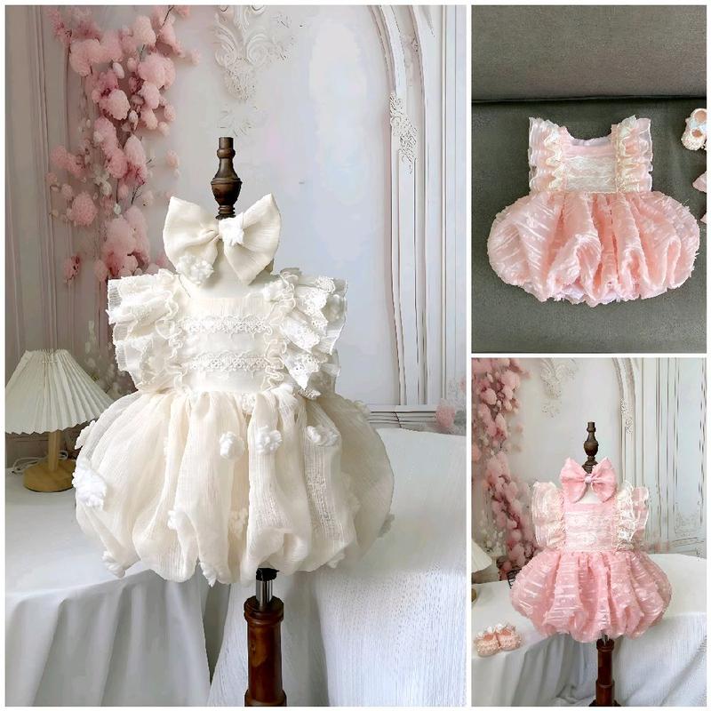   Form Nhỏ Body Váy Bí Cánh Tiên Đính Hoa Nổi Màu Kem Kèm Tuban 3-12 Kg,Đồ Liền Thân Cho Bé Gái Đầy Tháng Sinh Nhật Chất Tơ Thêu 