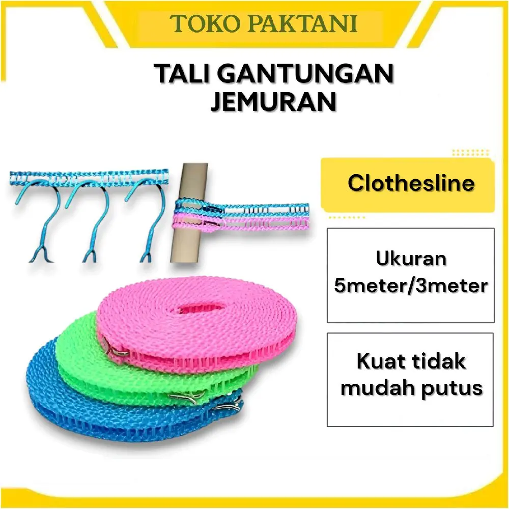 Tali Jemuran Gantungan Baju Portabel 5m 3m dengan Kait Stainless Steel Jemuran