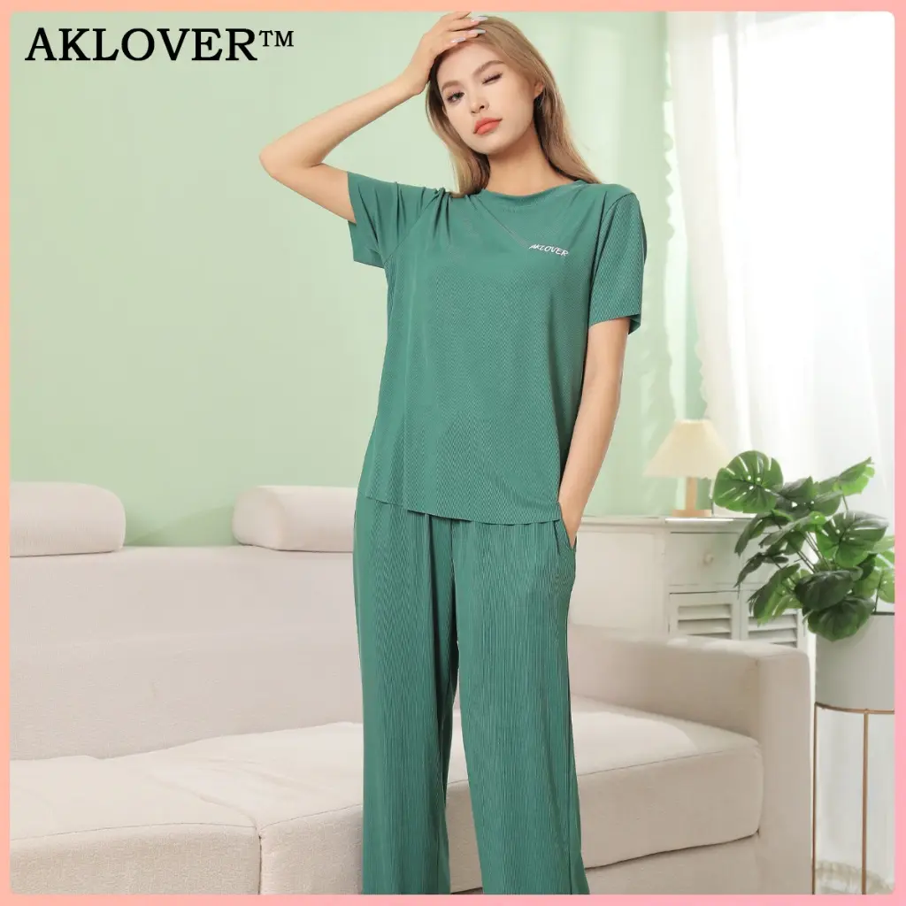 AKLOVER [COD] Set piyama lengan pendek warna polos gaya kasual wanita keren dan bernapas bisa dipakai di luar