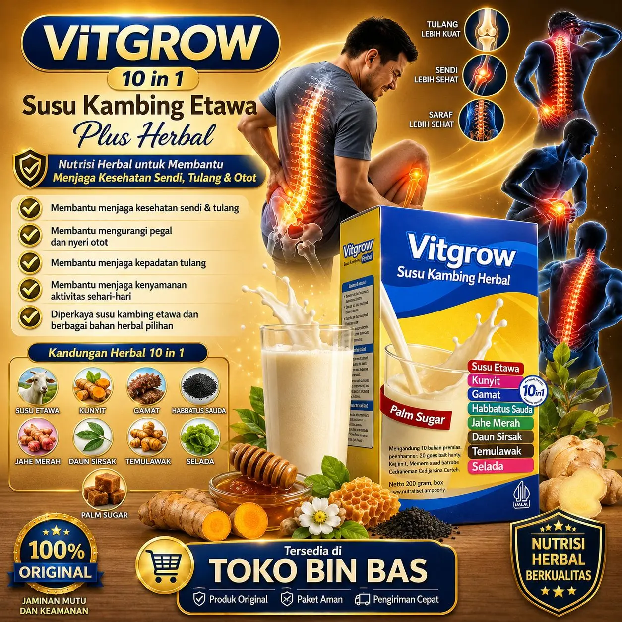 VitGrow Susu Kambing Etawa Plus Herbal 10 in1 Original Membantu Masalah Asam Urat Nyeri Sendi Tulang Keropos Sendi Rematik Nyeri Otot Pegal Linu Vit Grow Susu Etawa