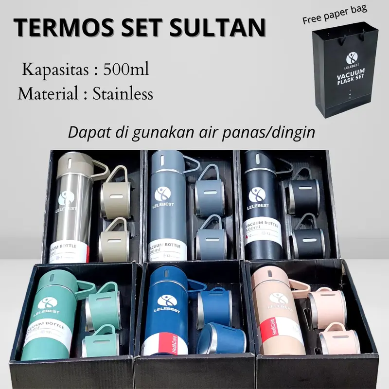 Termos Sultan Vacuum Flask Set Botol Minum Cangkir 500 ML Panas Dingin Souvenir Stainless BIRU