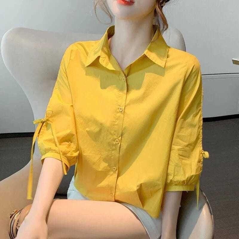 Product Introduction of Women's Chiffon Rheology Hong Kong Style Three-Quarter Sleeve Shirt 2023 New Loose Design Niche Chic Top 4