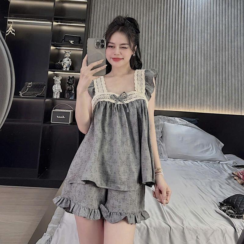 Set Bộ Đồ Cánh Tiên Mặc Nhà Phối Ren Chất Nilen1 Họa Tiết Hoa Nhí - CC39 Nữ Women