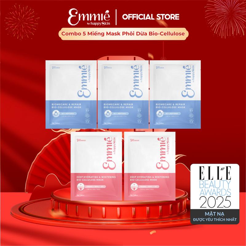   ĐỘC QUYỀN  COMBO 5 Miếng Mặt Nạ Phôi Dừa Sinh Học Bio-Cellulose: 2 Mask Dưỡng Sáng Da B3 + 3 Mask Làm Dịu Phục Hồi B5 + PEPTIDES 
