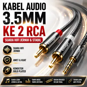 Kabel Audio 3.5mm Ke 2 RCA Murah Awet Kuat Praktis Ringkas Splitter AUX TV Speaker Bagus Bahan Braided Nylon Tebal Gold Plated Anti Noise Estetik Minimalis Mewah Suara HiFi Jernih Panjang 5 Meter Amplifier DVD Laptop HP