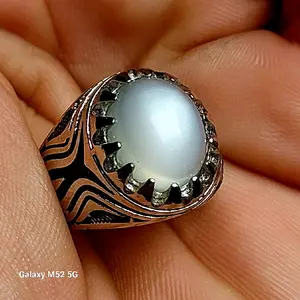 Cincin batu macan putih Biduri Bulan Airbrush Asli Natural Dim 12 mm Ring Alpaka Super Mewah Elegan untuk Tampilan Lebih Mewah