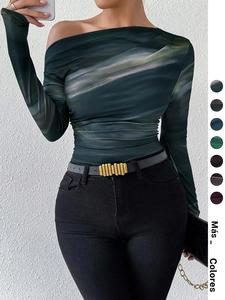 Playera de cuello asimétrico fruncido con estampado de mármol para mujer, camiseta casual de manga larga para primavera y otoño, ropa de mujer para uso diario