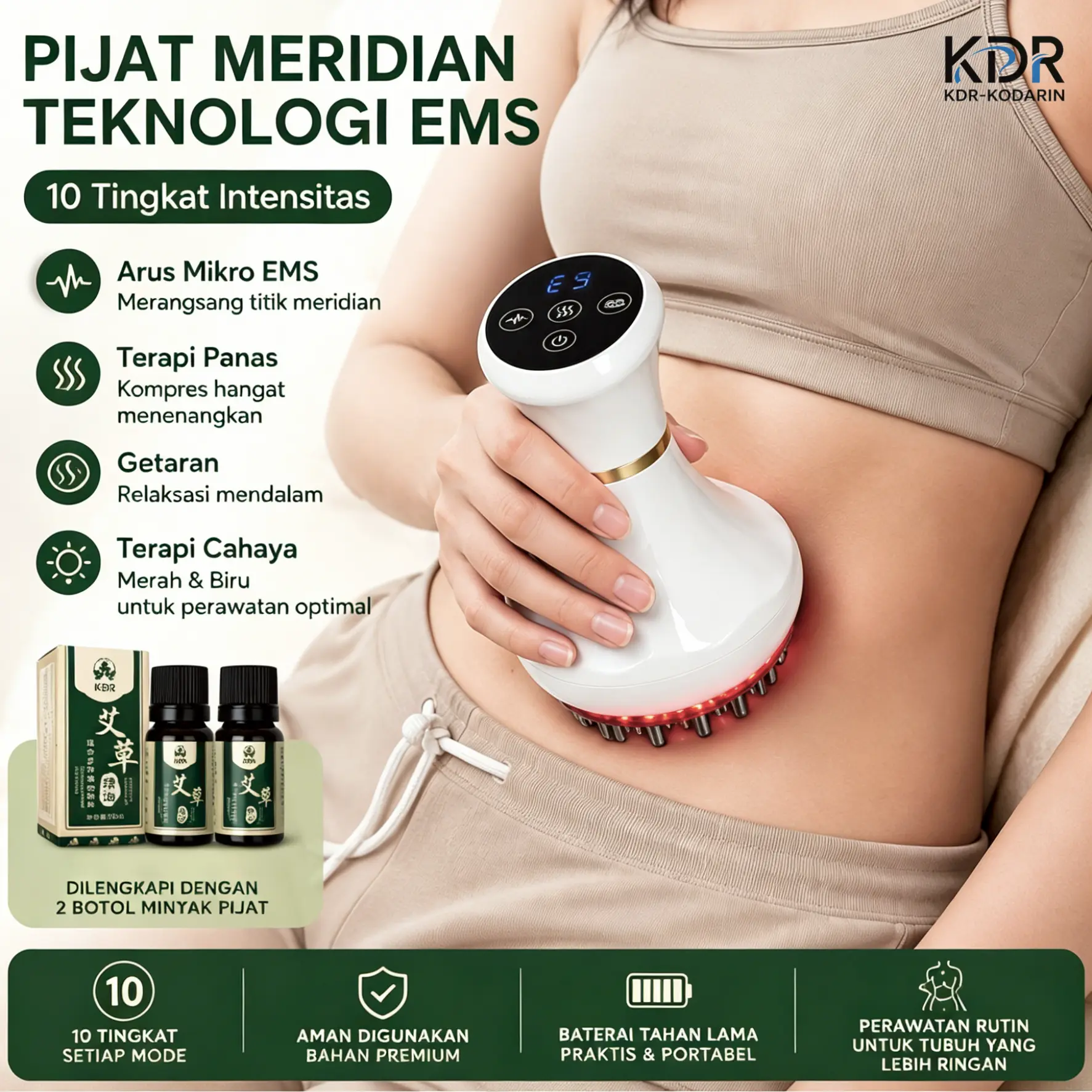 Pijat meridian pintar dgn minyak esensial – bentuk tubuh wanita, fokus perut, pinggang, pinggul & paha. EMS stimulasi otot, kurangi bengkak, perindah bentuk. Multi-head, cocok olahraga/harian. Elektrik Terapi