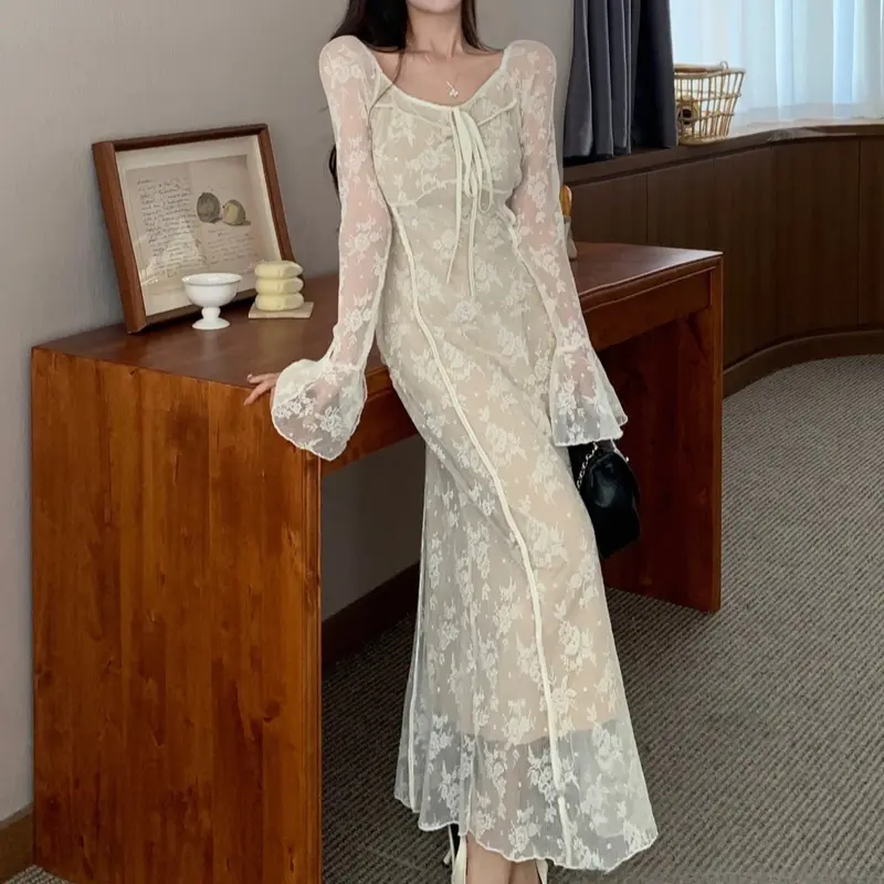 Váy Nữ Phong Cách Trung Quốc Mới, Phong Cách Zen Ngầu Bó Sát Eo, Váy Dài Tay Ren, Váy Cơ Sở Cho Phụ Nữ, Quốc Gia Mới Women Dress 5