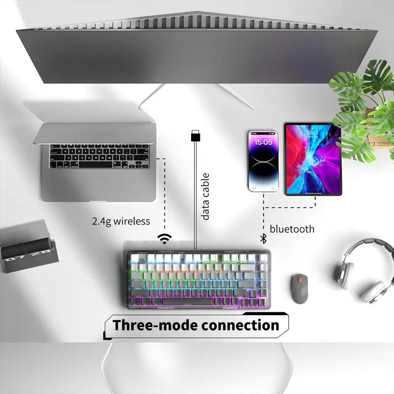 ZIFRIEND ZT82 Gamer Keyboard 3 Modes Transparent Mechanical Keyboard Hotswap Bluetooth Wireless 2.4G RGB Backlit Keycap 8