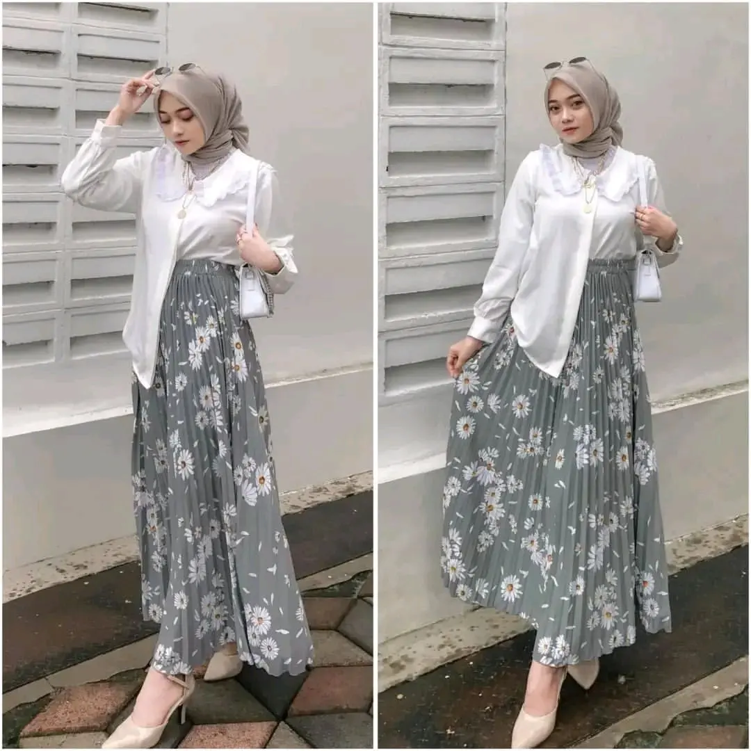 Rok plisket motif bunga Rok plisket motif Rok plisket Rok plisket bunga matahari Rok plisket premium Wanita Karet Jeans