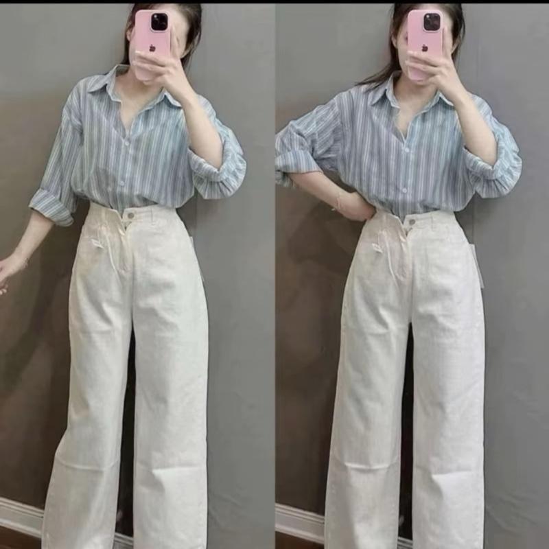 Thời Trang Hot - Sét Áo Sơ Mi Kẻ Sọc Đũi Xanh Mic Quần Jean Bò Mềm Dành Cho Nữ Phong Cách Trẻ Trung Tinh Tế