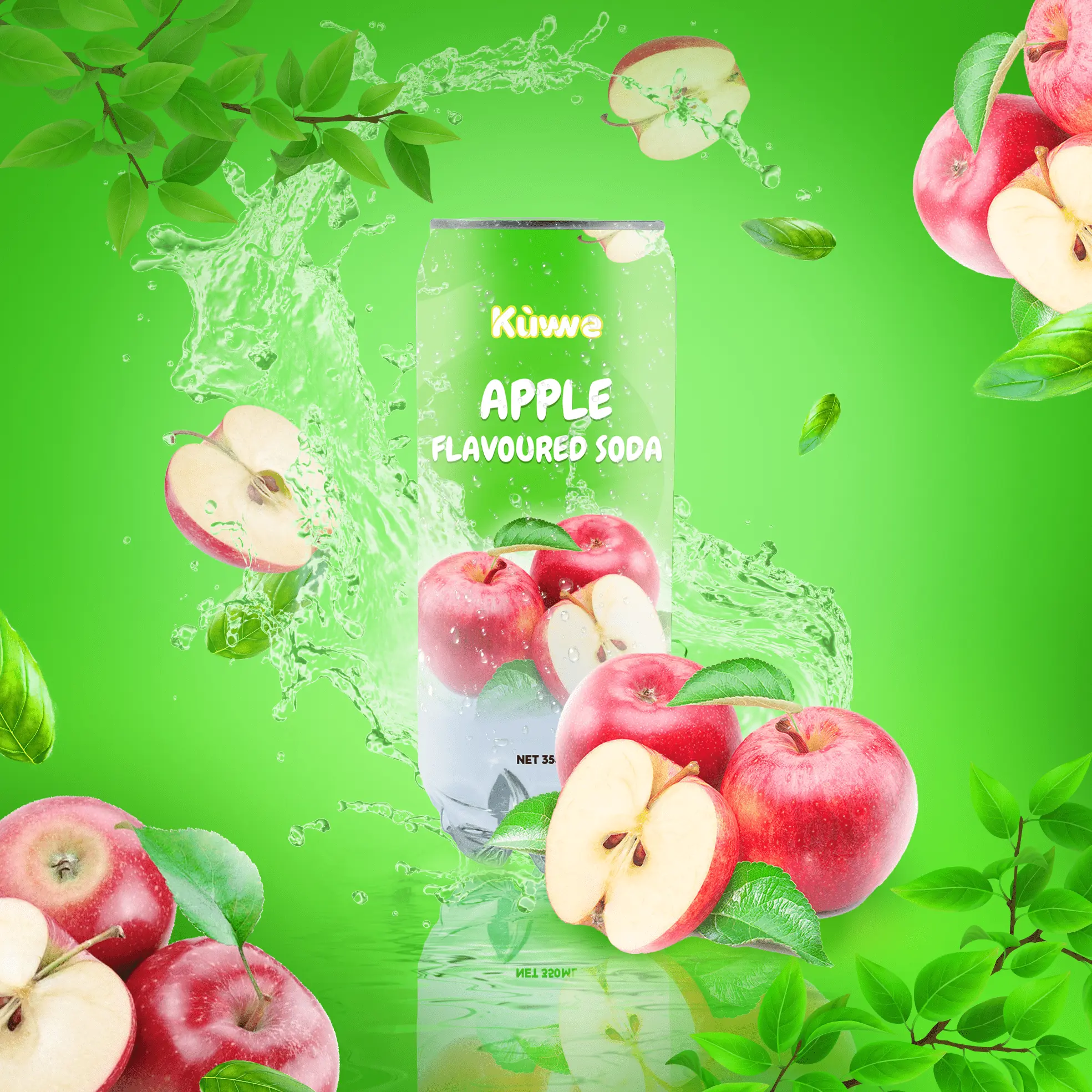 (Healthier Choice) Kuwwe Apple Flavoured Carbonated Sparkling Soda 24 Cans x 350 ML