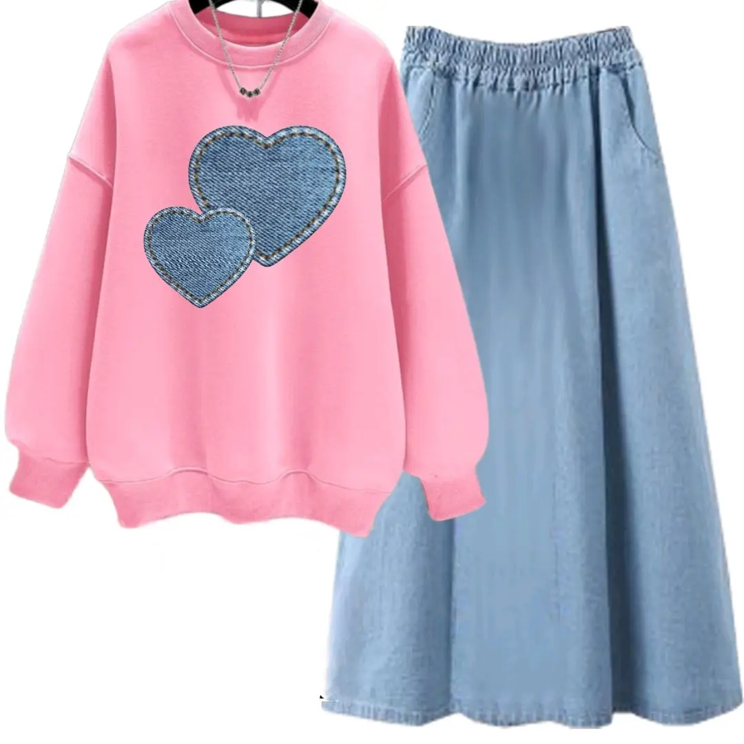 SWEATER FLEECE ANAK REMAJA PEREMPUAN TWIN HEART DENIM / SETELAN  BAJU CELANA SOFT JEANS / ROK SOFT JEANS SANTAI FASHION CANTIK