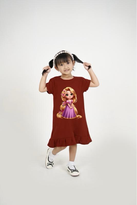 Daster Dress Anak Perempuan karakter Disney Rapunzel Anak usia 1-9 tahun Bahan Katun Halus Original