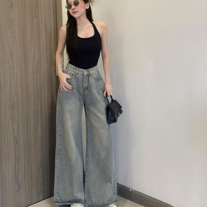 Emiii Jeans - Quần Jean Nữ Ống Suông Rộng Xanh Nhạt Lưng Giữa Tôn Dáng, Jean…