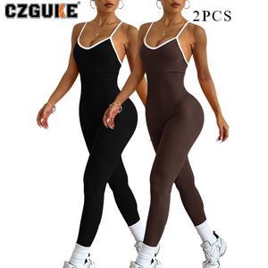 CZGUKE mono deportivo sin costuras para mujer, ajuste entallado para correr, conjunto de entrenamiento de gimnasio, estilo a la moda con bloques de color y alta elasticidad, conjunto de dos pzas para yoga