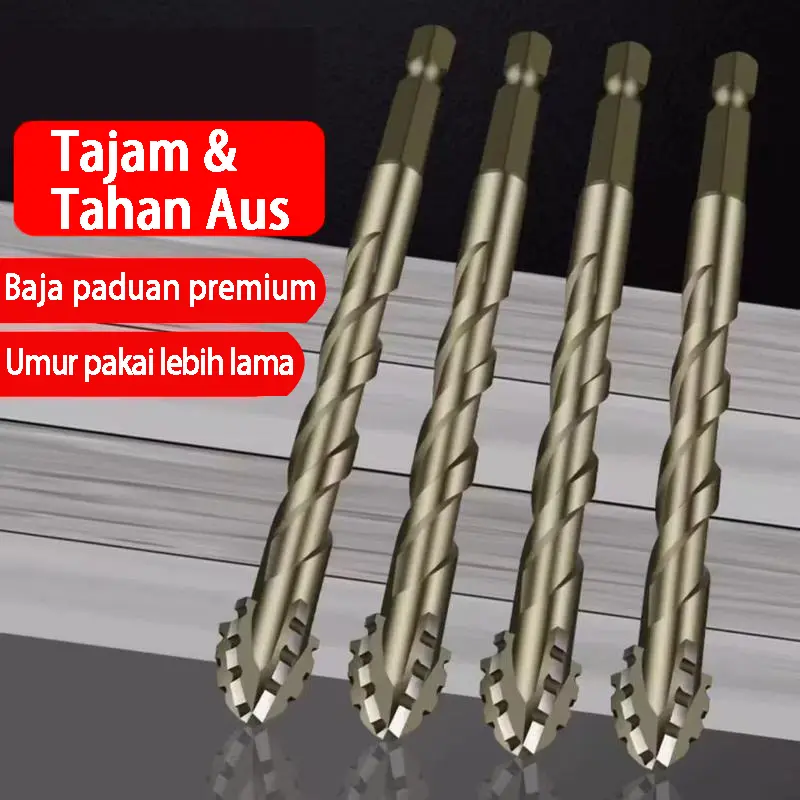 Set Mata Bor Kering Baja Tajam 4 Sisi Ukuran 6 8 10 12mm Tembus Keramik Beton Kaca Marmer dan Besi Dry Drill Tanpa Air Kuat Tahan Lama Mata bor eksentrik gigi gergaji baja tungsten ultra-keras untuk semua ubin keramik, beton, dan kaca bor listrik