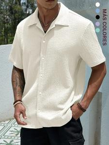 Camisa de Hombre Texturizada con Frente de Botones, Corte Regular Casual, Manga Corta y Cuello para Verano, Top de Verano, Ropa de Moda Exagerada, Ropa de Hombre para Uso Diario