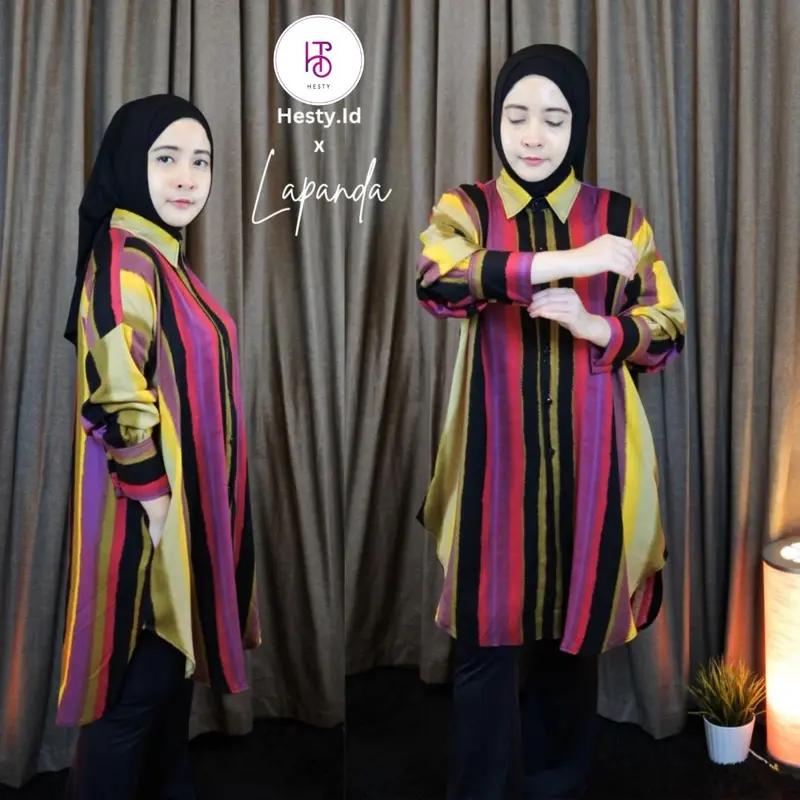 HESTY X Lapanda Kemeja Tunik Rainbow Oversize Premium Lengan Panjang Muslim Wanita Atasan Basic Rayon Katun 0