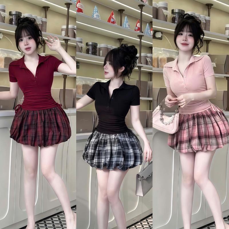 Set đồ nữ áo thun tăm cổ bẻ tay ngắn dây rút eo phối chân váy đũi caro bồng 2 lớp ( có quần ) xinh xắn, dễ thương phù hợp cho các nàng đi tiệc, đi chơi