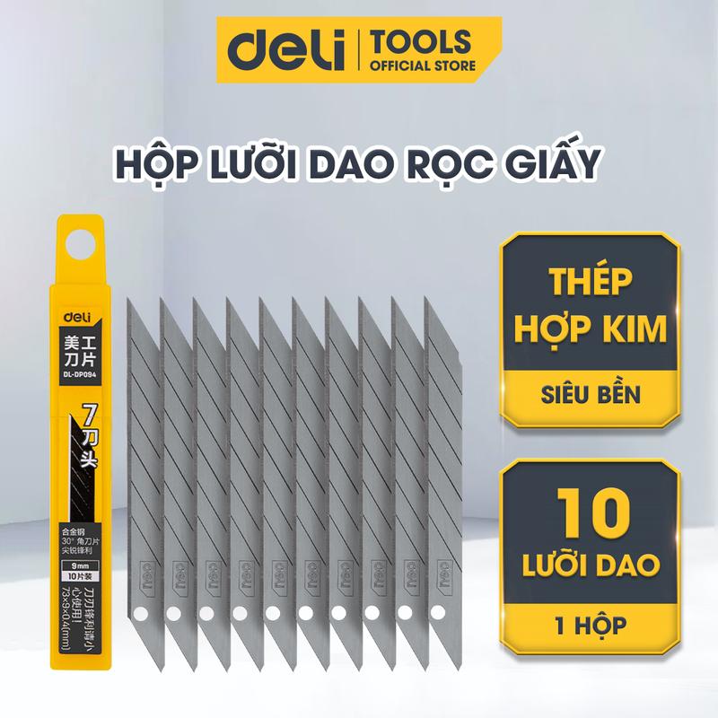 Lưỡi Dao Rọc Giấy Deli Hộp 10 Chiếc Dao Rạch Giấy Cao Cấp Chất Liệu Thép Hợp Kim SK5 Bền Mũi 30 60 Độ Sắc Bén - Thiết Kế Dễ Sử Dụng Nhỏ Gọn