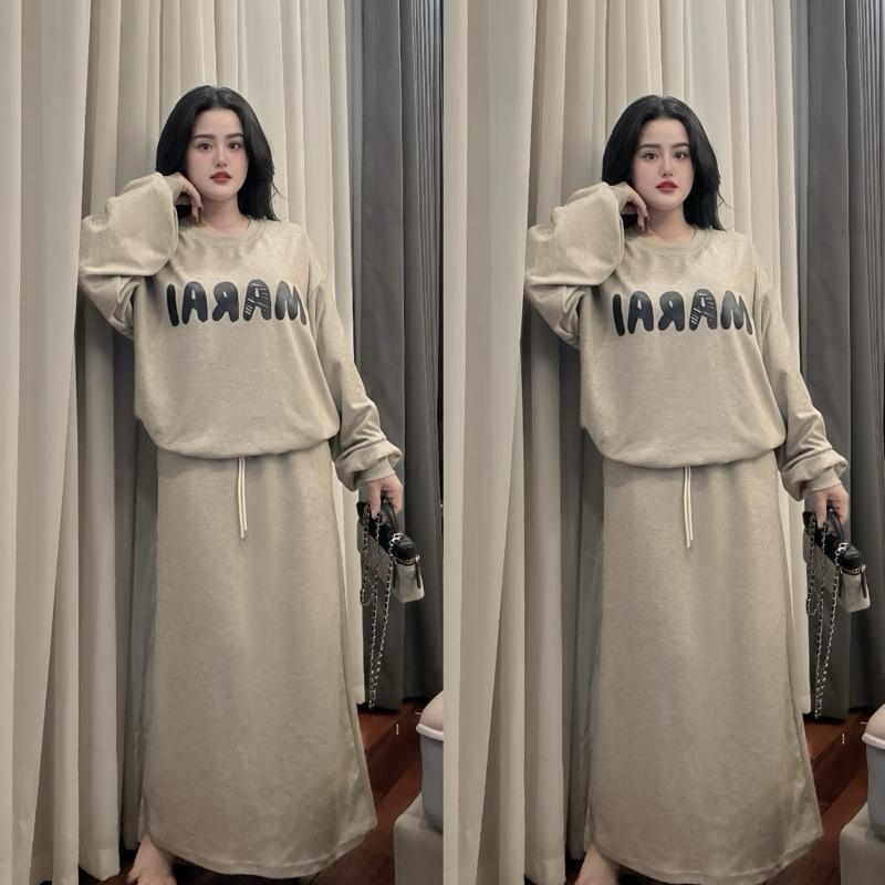  NTH BIGSIZE- Set Váy Nữ Dáng Dài Áo In Chữ Phồng Chất len lông thỏ Chân Váy Dáng Dài BIGSIZE 