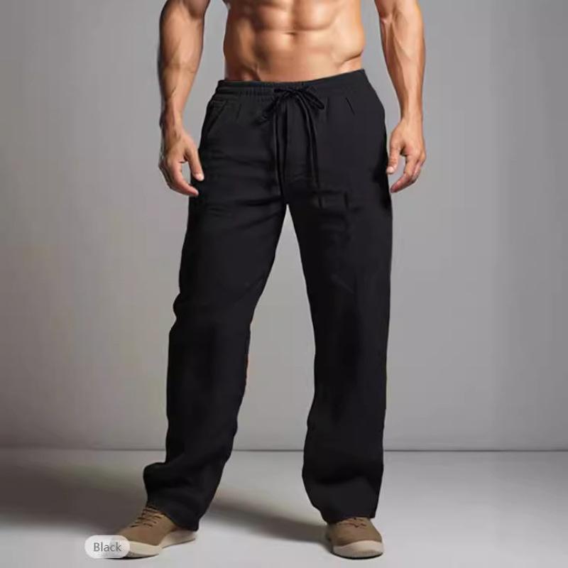 Product Introduction of Men's summer pants, men's thin trousers, solid color drawstring casual loose cotton and linen pants, delicate simple straight pants 6