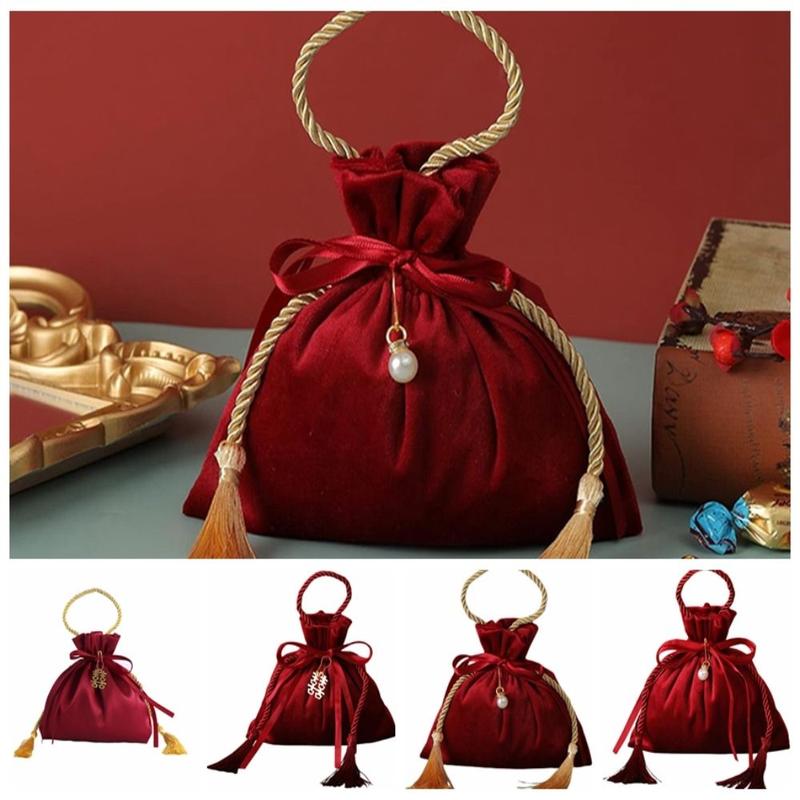 Drawstring Package Bag Velvet Drawstring Candy Bag Non-woven Fabrics With Drawstring and Tassels Flannel Gift Bag Wine Red Exquisite Chinese Traditional Wedding Gift Bag Wedding 0
