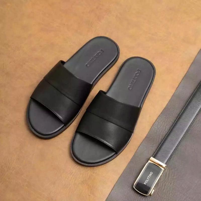 Dép Da Nam Quai Ngang Cao Cấp 0188 POLYTINO, Dép Lê Da Nhập Khẩu Đế Cao Su Chống Trơn Trượt BH 12 Tháng