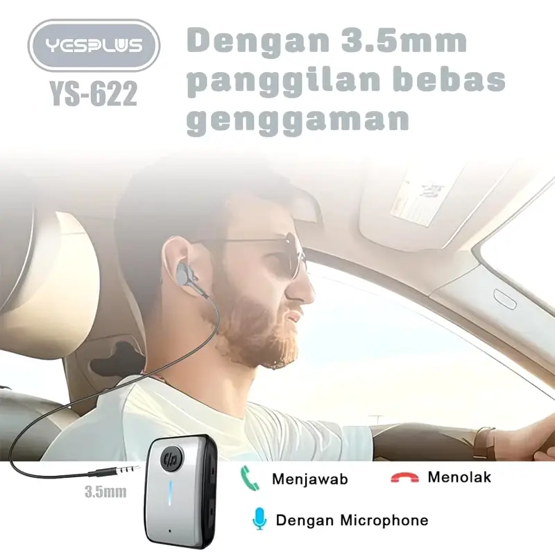 YESPLUS Adapter Penerima Signal Bluetooth  YS622 Dengan Lubang 3.5mm Versi 5.3 Alat Bluetooth Speaker Mobil Dengan Mic Car 7