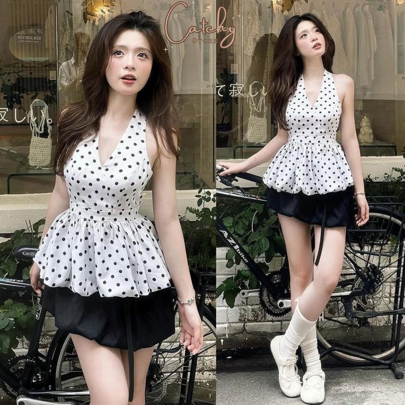  Set Áo Yếm Cổ V Chấm Bi Trắng Phối Chân Váy Đen Phồng Tôn Dáng Tiểu Thư Sang Chảnh Đi Chơi Đi Tiệc CATCHYstore 