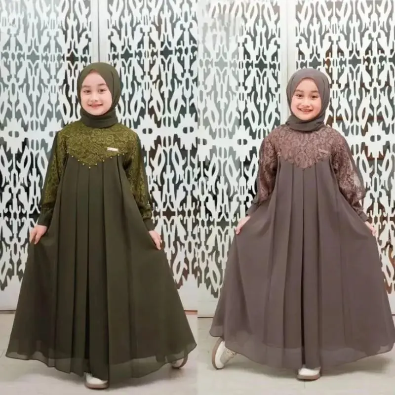 Inara kids set khimar gamis anak perempuan usia 3-14 tahun S.M.L.XL / gamis kondangan anak terbaru Baju Ceruty Muslim Mutiara Muda Variasi