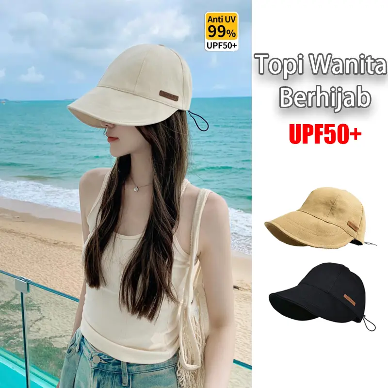 Topi Wanita Berhijab Korea Bucket Pantai Pelindung Matahari UV Topi Tepi Lebar Lipat Topi Pantai