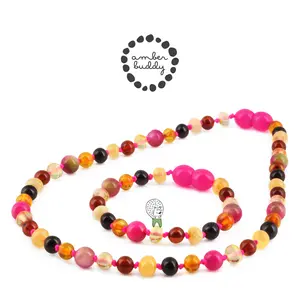 Amber Buddy | LE578 Kalung & Gelang Bayi Baltic Amber kombinasi Pink Jade. 32cm & 14cm