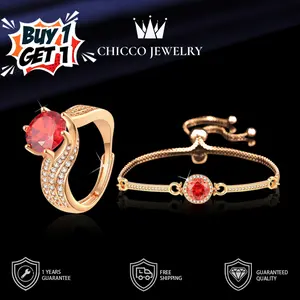 Cincin dan Gelang Wanita Garnet Zircon Desain Mewah Elegan Full Berlian Perhiasan Ringan Cocok untuk Pesta Hadiah Lamaran dan Tunangan CHIC&CO JEWELRY Kualitas Tinggi Grade 5A Lapis Anti Karat Anti Luntur Anti Berubah Warna Garansi 1 Tahun COD 163+166