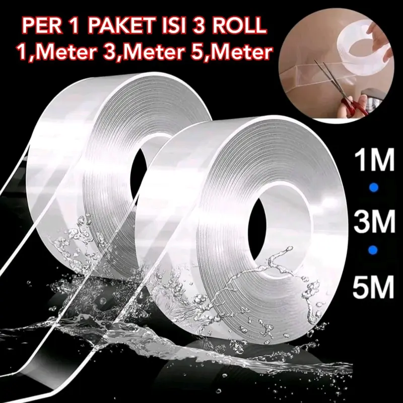 PAKET ISI 3PCS Selotip Bening Dua Sisi Double Tape Nano Serbaguna Ukuran 2CMx3,Meter 5,Meter Dapat 3 Roll sola tip 0