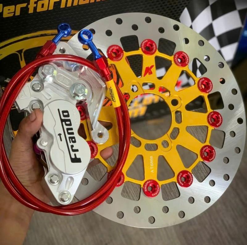 Combo 4 món Đĩa thắng trước Kingdrag size 267mm gắn mâm 4 lỗ + Heo Frando 4pis + dây dầu morin Đỏ + pát Cnc