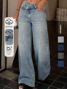 Jeans de pierna ancha y cintura baja asimétrica para mujer, diseño con bolsillo con cremallera, moda casual para todas las estaciones, compra limitada en tiempo