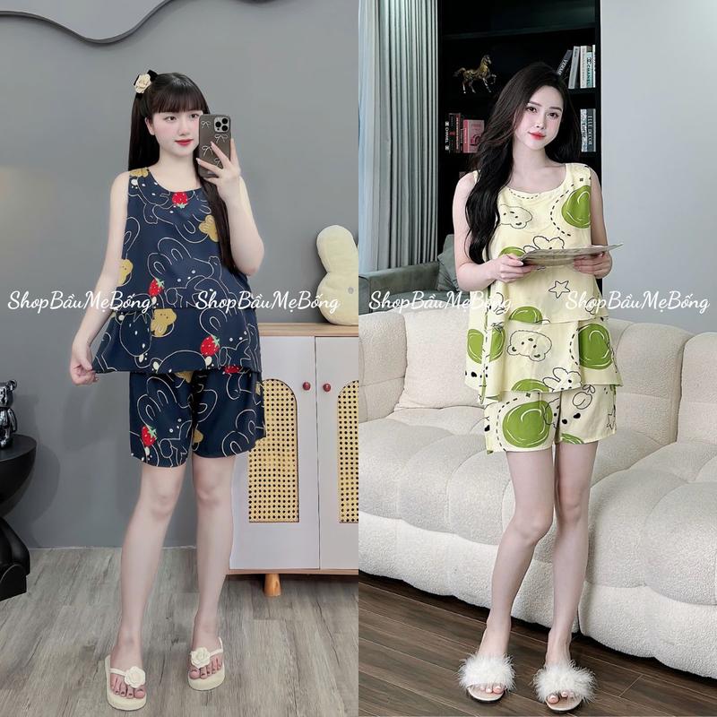 COMBO 2 Bộ Mặc Bầu Và Sau Sinh Dáng Quần Đùi Áo Ba Lỗ Chất Liệu Lanh Tôn 2 Da Thái Mát Mẻ Hoạ Tiết Dễ Thương Quần Có Chun Chỉnh Danh Riêng Cho Mẹ Bầu Freesize dưới 70kg 